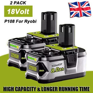 2 pack 18V 8.0Ah Lithium Battery For Ryobi P108 ONE+ Plus RB18L50 RB18L50 P104 - Picture 1 of 9