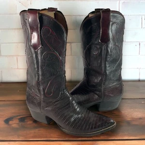 Lucchese G152224 Black Cherry Lizard Cowboy Boots Size 13.5 D (FITS LIKE SIZE 9) - Picture 1 of 21