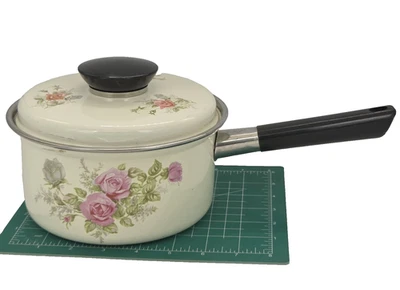 Panela esmaltada vintage Maruubishi panela de 4 qt com tampa padrão rosa - Imagem 1 de 4