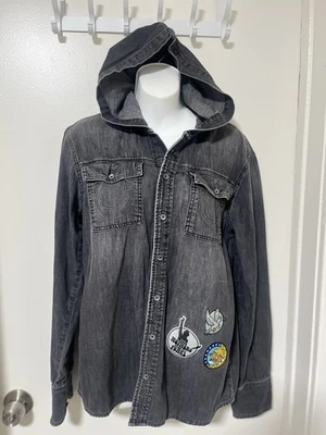 True Religion Men’s Hooded Denim Western Style Button Up Shirt Black Size Medium - Image 1 of 4