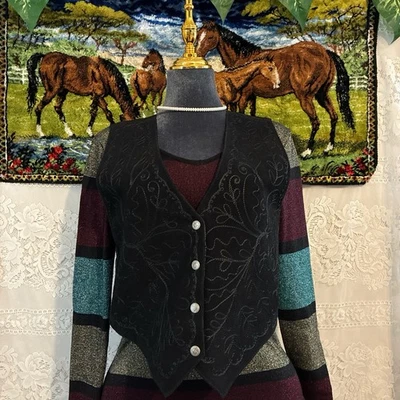 Chaleco de cuero Scully vintage negro con estampado floral bordado Foto 1 de 4