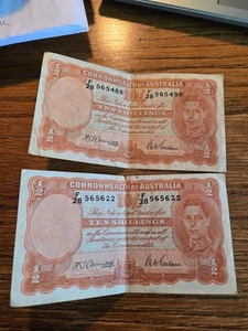 1942 Australia Ten Shillings Banknote X2 - Picture 1 of 2