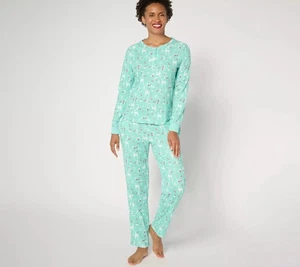 Muk Luks Waffle Knit Henley Top & Straight Leg Pant Pajama Set Mint Woodland L U - Picture 1 of 1