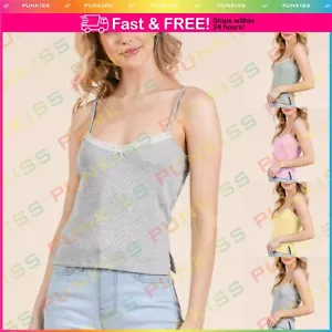 Womens Casual Sleeveless Cotton Lace Pointelle W/lace Detail Tank Cami Shirt Top - Picture 1 of 14