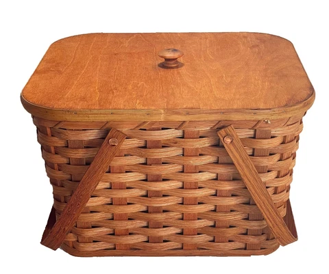 Amish Picnic Basket Small Size With Solid Oak Lid and Swinging Handles Cover