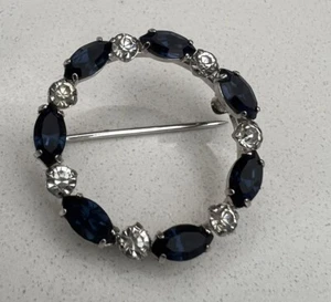 Vintage signed Krementz silver, Blue & clear rhinestone  Brooch Gift Bx - Picture 1 of 4