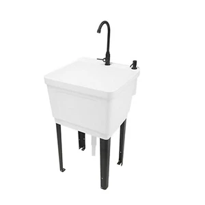 Freestanding Plastic Utility Sink Laundry Tub Laundry Sink with Faucet Black - Picture 1 of 8