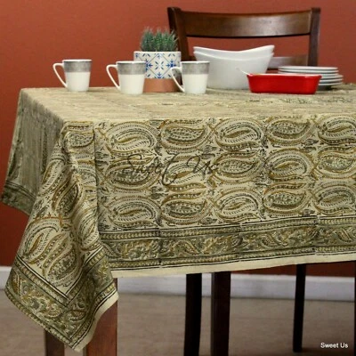Cotton Vegetable Dye Block Print Floral Tablecloth Rectangle Green Gold Beige - Image 1 of 4