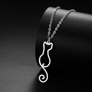Silver Titanium Cat Kitten Pendant Chain Necklace - Picture 1 of 2