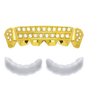 Rapper Full Iced CUT Grillz Gold Plated Bottom Caps Teeth S046 G 1 ext Mold Bar - Picture 1 of 3