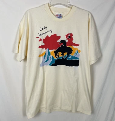Vintagen 90s Cody Wyoming T Shirt Size XL Single Stitch Indian Sunset - Image 1 of 4