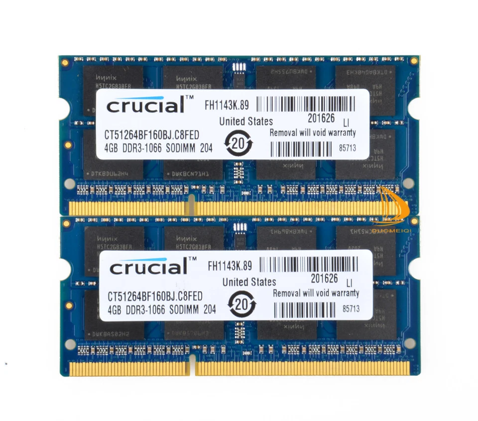 Crucial 2X 4 Go 2RX8 PC3-8500S DDR3 1066Mhz SODIMM mémoire d'ordinateur portable - Photo 1/4