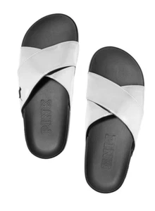 NEW VICTORIA'S SECRET PINK CRISS CROSS SILVER & BLACK COMFORT SLIDES SANDALS MED - Picture 1 of 1