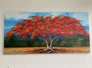 Large Red “Flamboyan” Tree  Painting Acrylic on Canvass created in Puerto Rico. - Picture 1 of 20