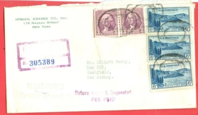 USA Washington 3c Coil X 2 + 6c X 3 CRATER LAKE on Registered cover 1935 WAX - Image 1 of 2