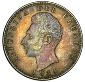 ECUADOR 2 Decimos (Dos) 1914 Philadephia TF Silver Original AU/UNC - Picture 1 of 2
