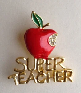 "SUPER TEACHER" APPLE BROOCH PIN Valentine Gift, Red Enamel, Crystals, Goldtone - Picture 1 of 2