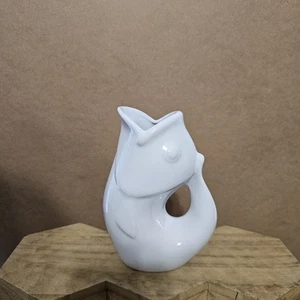 GURGLE POT 6 3/4 FISH WHITE CERAMIC PITCHER/VASE Makes Sound When Pours - Picture 1 of 10