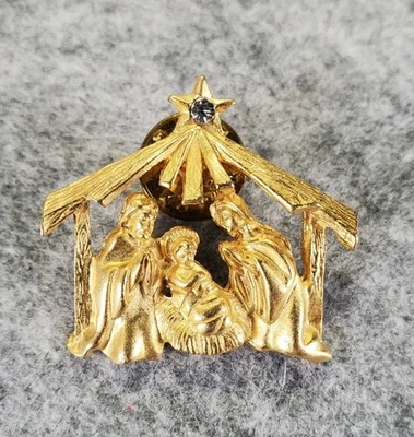 Vintage Avon Nativity Scene Gold Tone w/ Rhinestone Star Christmas Brooch Pin - Image 1 of 4