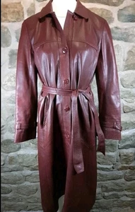 Wallace Sacks Burgundy Leather Trench Coat Large Nappa Leather Pockets Vintage  - Picture 1 of 8