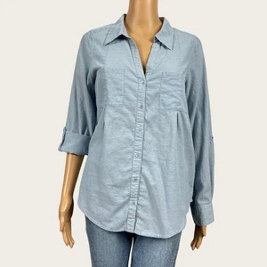 Joie MEDIUM Light Blue Button Front Roll Tab Sleeve Thin Cotton Blouse Shirt Top - Picture 1 of 7