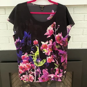 Blusa túnica Escada talla 46 100 % seda negra púrpura verde orquídeas ligera - Imagen 1 de 14