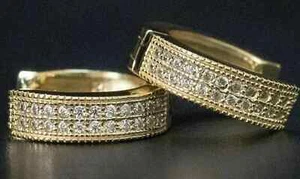 1 Ct Genuine Moissanite Micro Pave Hoop Earrings 14k Yellow Gold Plated Silver - Picture 1 of 6