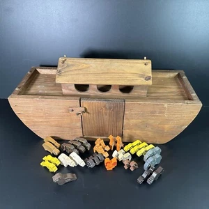 Vintage Handmade Wooden NOAHS ARK w Animals LARGE 24in Bible Story Playset - Foto 1 di 21