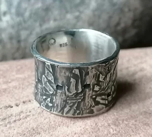 Unikat Ring Silber 925 breit geschmiedet Leguanhaut geschwärzt 56 - Picture 1 of 5