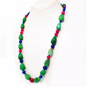 446.00 Cts Earth Mined Emerald, Sapphire & Ruby Carved Beads Necklace NK 06E24 - Picture 1 of 2