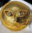 Pendentif broche vintage or grand chat visage strass yeux angulaires
