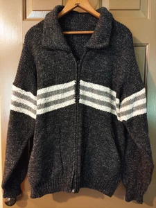 VINTAGE grauer Wollpullover durchgehender Reißverschluss handgestrickt XL Unisex mit Taschen - Bild 1 von 6