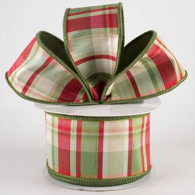 10 YDs Designer Red Moss Green Plaid Ribbon 2.5" W Double Sided Wired Edge - Image 1 of 2