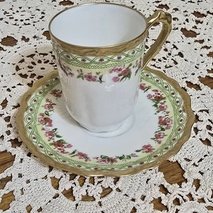 Limoges Porcelain Tea Cup And Saucer Pink/Green/Gold 1900's - Picture 1 of 11
