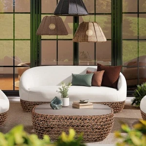 Willow 71" Upholstered Woven Patio Deep Seating Sofa Beige Wicker Frame Olefin - Picture 1 of 9
