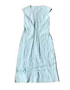 Baby Blue Cotton Linen Bias Y2K Dress Embroidery Appliqué - Size 8 10 - Picture 1 of 9