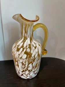Vintage Pilgrim Glass Amber & White Small Hand Blown Splatter Pitcher Art Glass - Picture 1 of 6
