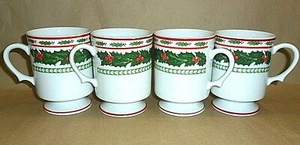 VTG CHRISTMAS MUGS CUPS 4 PC SET PEDESTAL BASE 3 BANDS OF HOLLY PORCELAIN MINT! - Picture 1 of 6