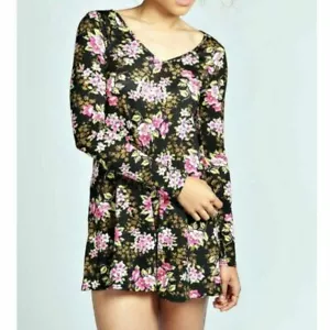 Boohoo Black Pink Floral Long Sleeve Swing Playsuit Dress Size 8 10 12 M Medium - Picture 1 of 5