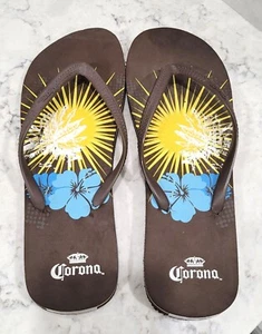 Mens Corona Brown Flip Flops with Tropical Print Design Size 9/10 - Picture 1 of 7