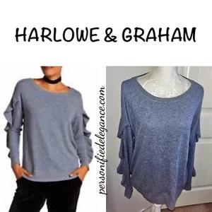NUEVO Suéter Harlowe & Graham Gris Perla Ahumado Volantes Manga Larga Talla XL $30 - Imagen 1 de 9