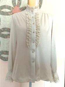VTG MARDI MODES IVORY LONG SLEEVE RUFFLED LACE TRIM BLOUSE NO SZ LABEL ILGWU - Picture 1 of 18