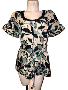 BCBGMaxAzria Top Women's Size XS Green Black Ivory Floral Tie Belted Blouse - Picture 1 of 8