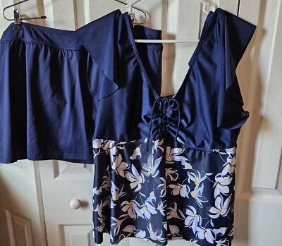 Womans Plus Size Blue & Flower Bathing Suit Piece (see descr. before you order) - Image 1 of 4