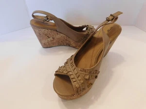 APT 9 LADIES TAUPE LEATHER LIKE OPEN-TOED SLINGBACK WEDGE HEELS SIZE 8 M - Picture 1 of 6