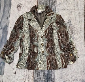 Sharon Young Animal Print Sequin Jacket Women's Size 8 Jewel Buttons - Picture 1 of 14