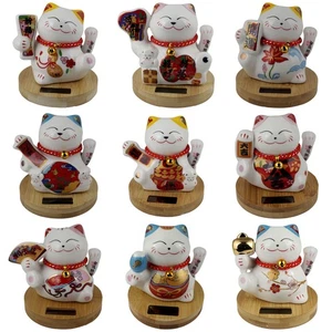 Glückskatze Keramik 10cm weiß Bambussockel Solar Maneki-neko Winkekatze Lucky - Bild 1 von 55