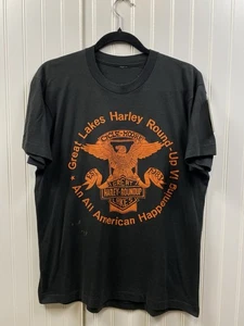 Vintage 80s Harley Davidson Great Lakes Round Up Tshirt Men’s Large Black - Foto 1 di 7