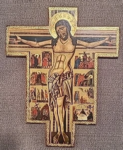 Crucifixión de Cristo en 8 pisos placa de pared de madera Italia vintage 14,5x12" - Imagen 1 de 10