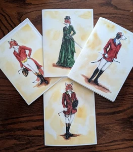 set of FOUR Vintage Looking FOX HUNT Fox & Hound NOTE CARDS w ENVELOPES - Picture 1 of 2